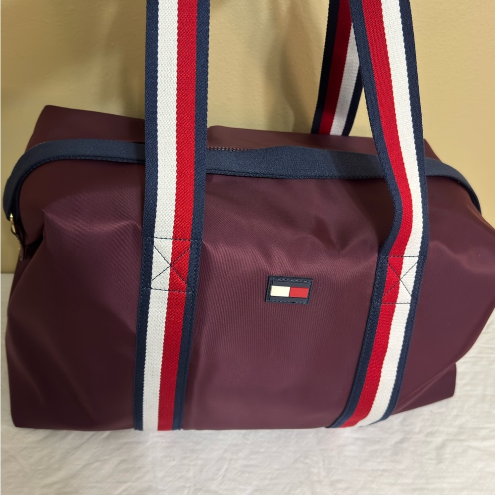 Tommy Hilfiger Burgundy Duffel Bag with Red, White, and Blue Straps